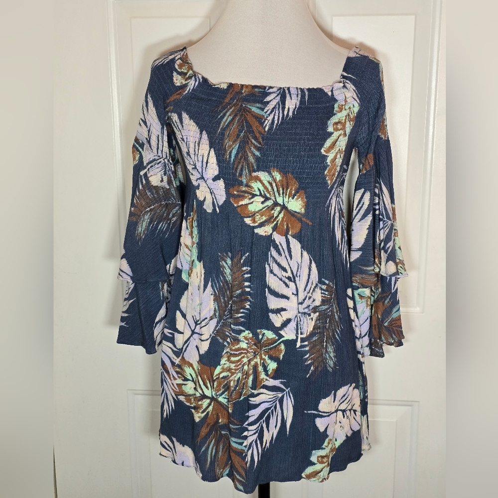 ILLA ILLA Blue Smocked Bodice Bell Sleeves Dress Top Leaves